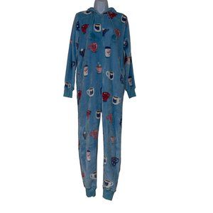 Munki Munki Blue Coffee Cup Unionsuit Womens S Pajamas PJs Hooded Winter Comfy